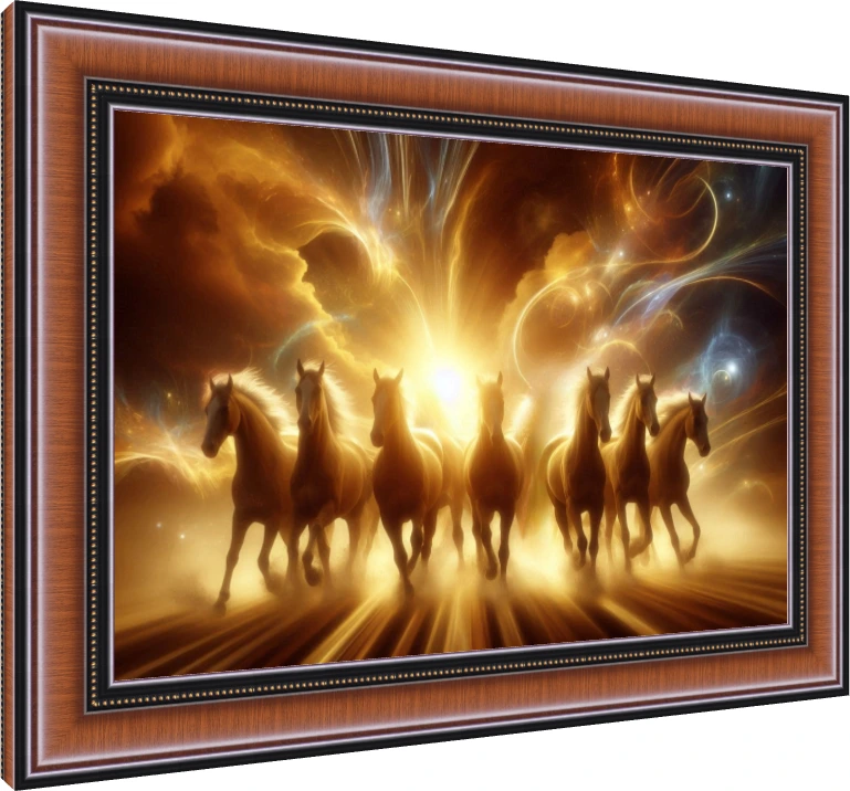 Seven golden horses running forward amidst a glowing cosmic background with bright solar flares. — photo frame preview | PrintPosters.in